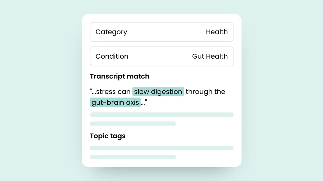 Example retrieval card: content filtered by category Health and condition Gut Health, with a transcript match highlighting 